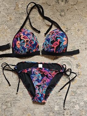 VENUS Black Tropical Flamingo Halter Tie-Side Bikini with Pink and Blue Accents